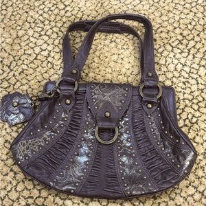 Isabella Fiore Brown Leather Studded Handbag with Enbossed Floral Panels